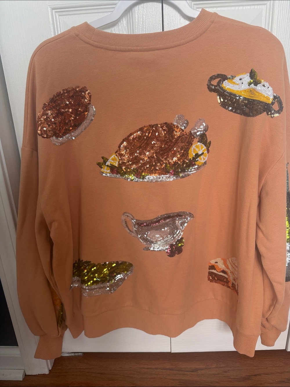 QUEEN OF SPARKLES Peach Sequin Holiday Feast Sweatshirt - Picture 7 of 7